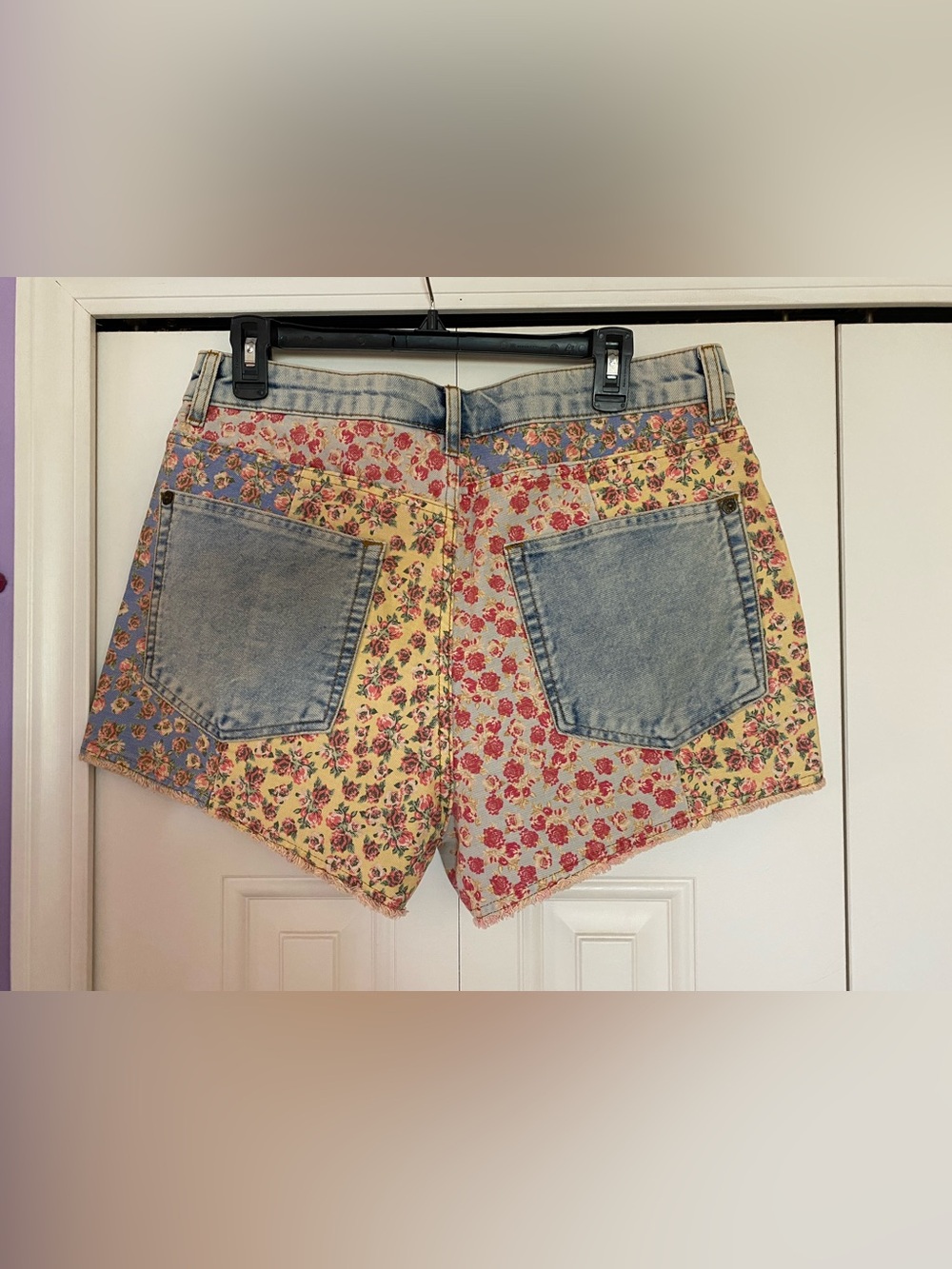 Anthropologie Floral Patchwork High-Rise Denim Shorts - Yellow/Blue - Picture 4 of 10
